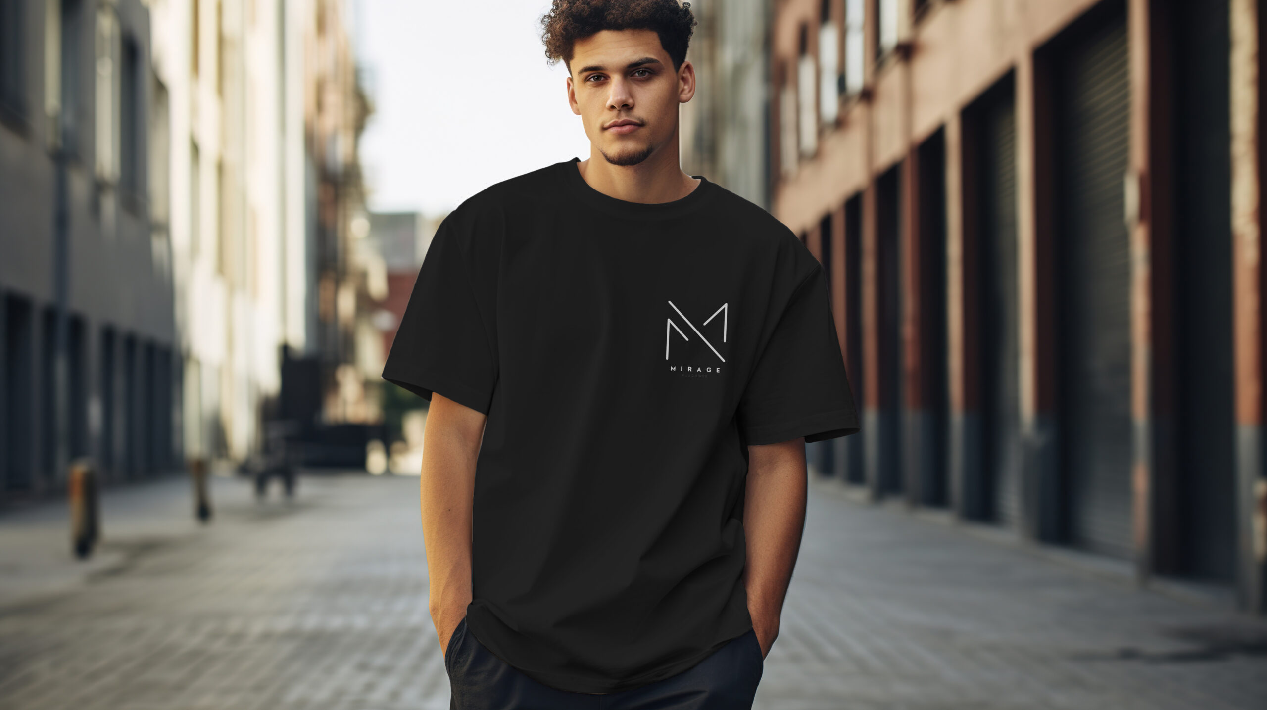 A young man in a classic oversized white blank T-shirt stands on a city street. Style and fashion clothing mock up template.
