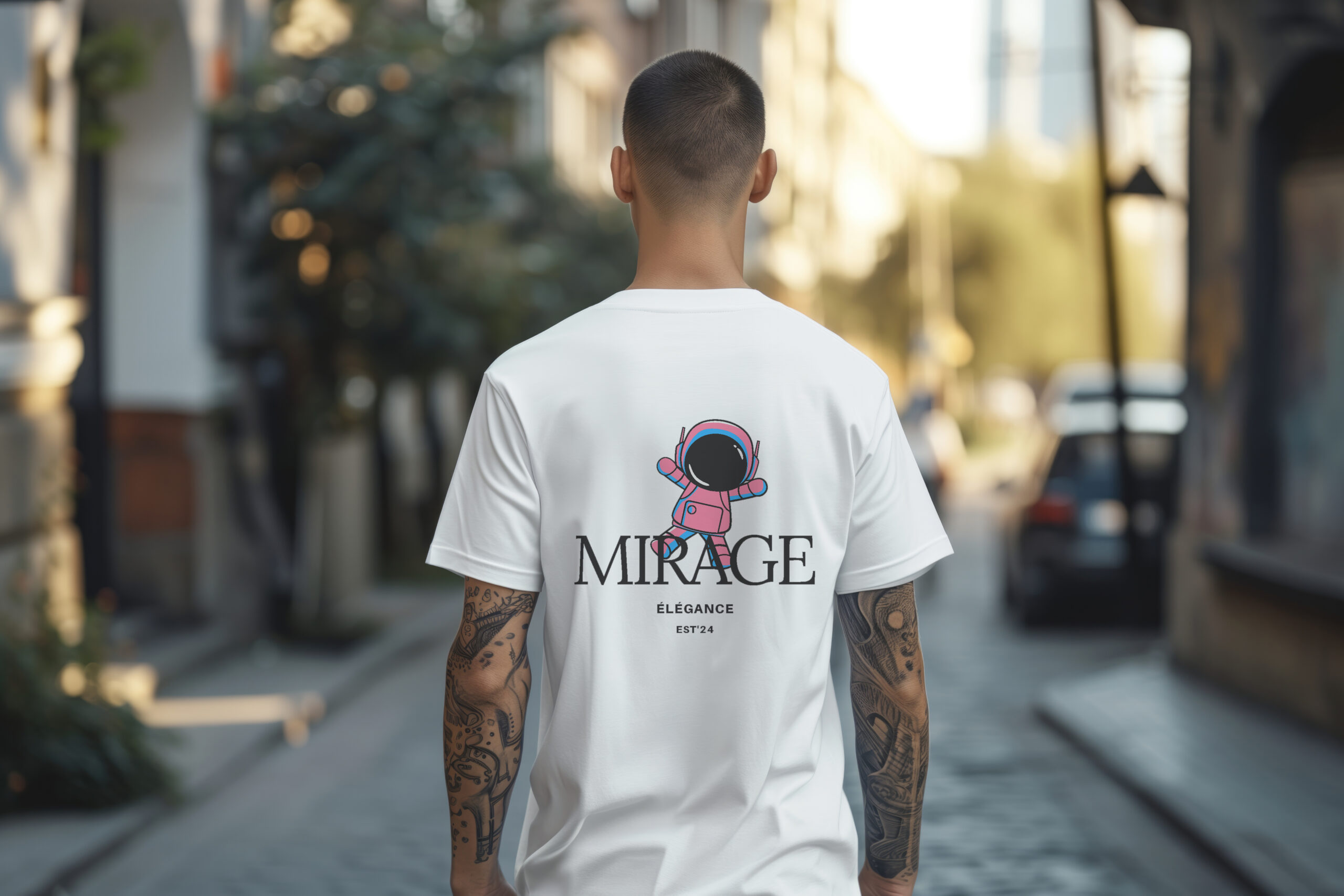 Mock Up Featuring Man In White T-Shirt From Behind On The Street