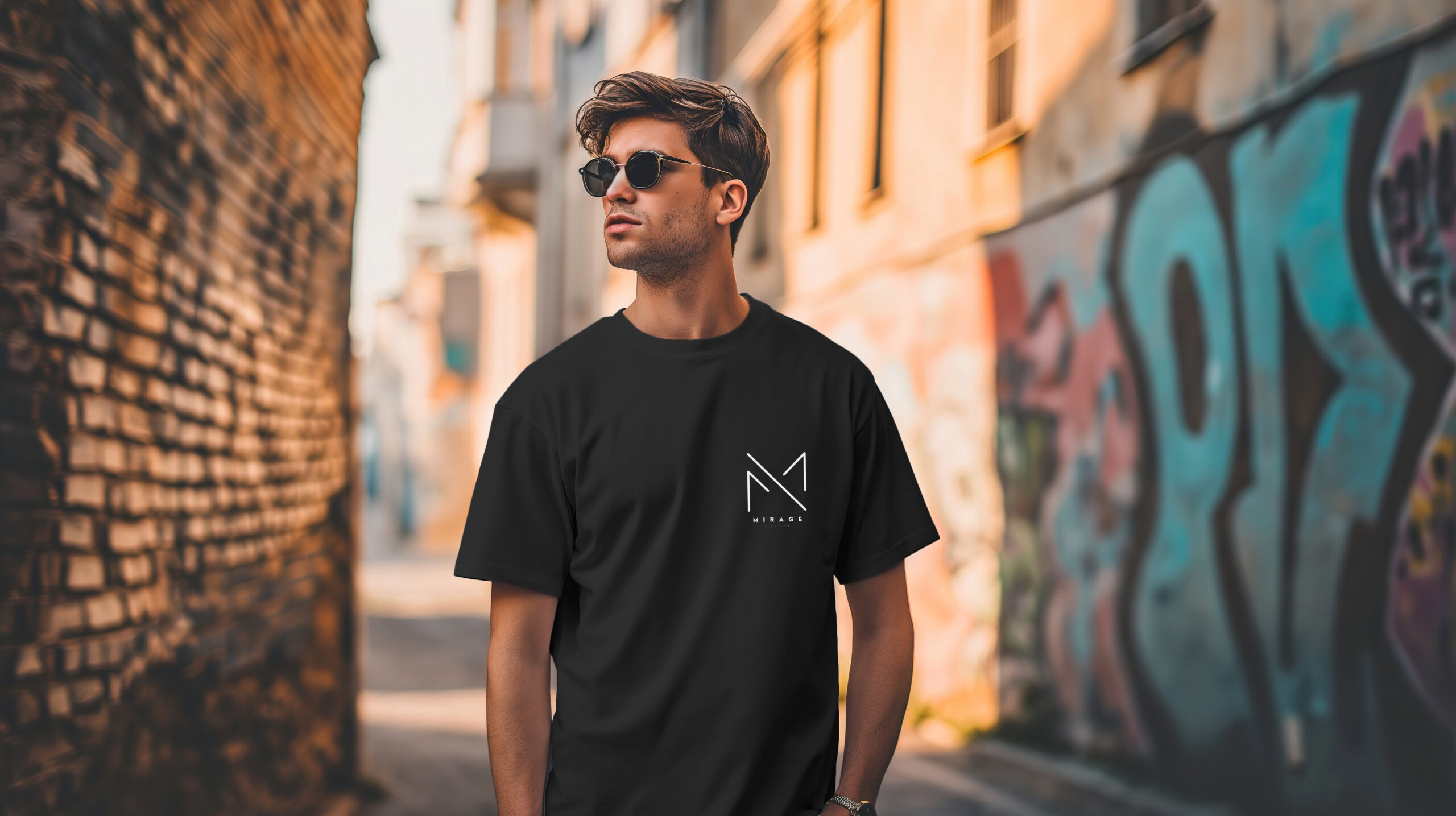 A young man in a classic oversized white blank T-shirt, blue jeans and sunglasses stands on a city street. Style and fashion clothing mock up template.